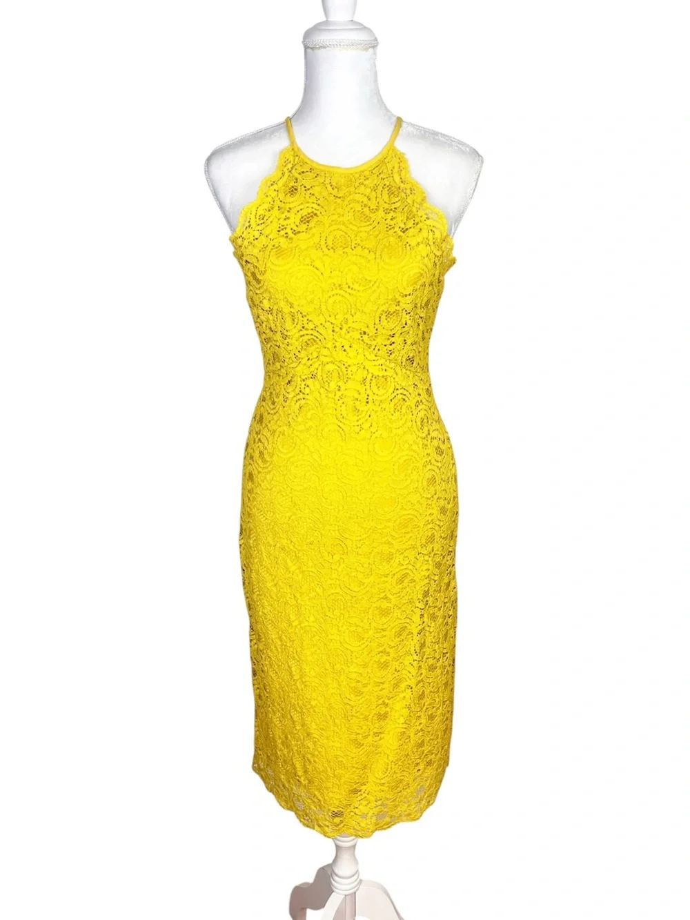 Zara Mustard Yellow Lace Midi Dress High Neck Size Medium